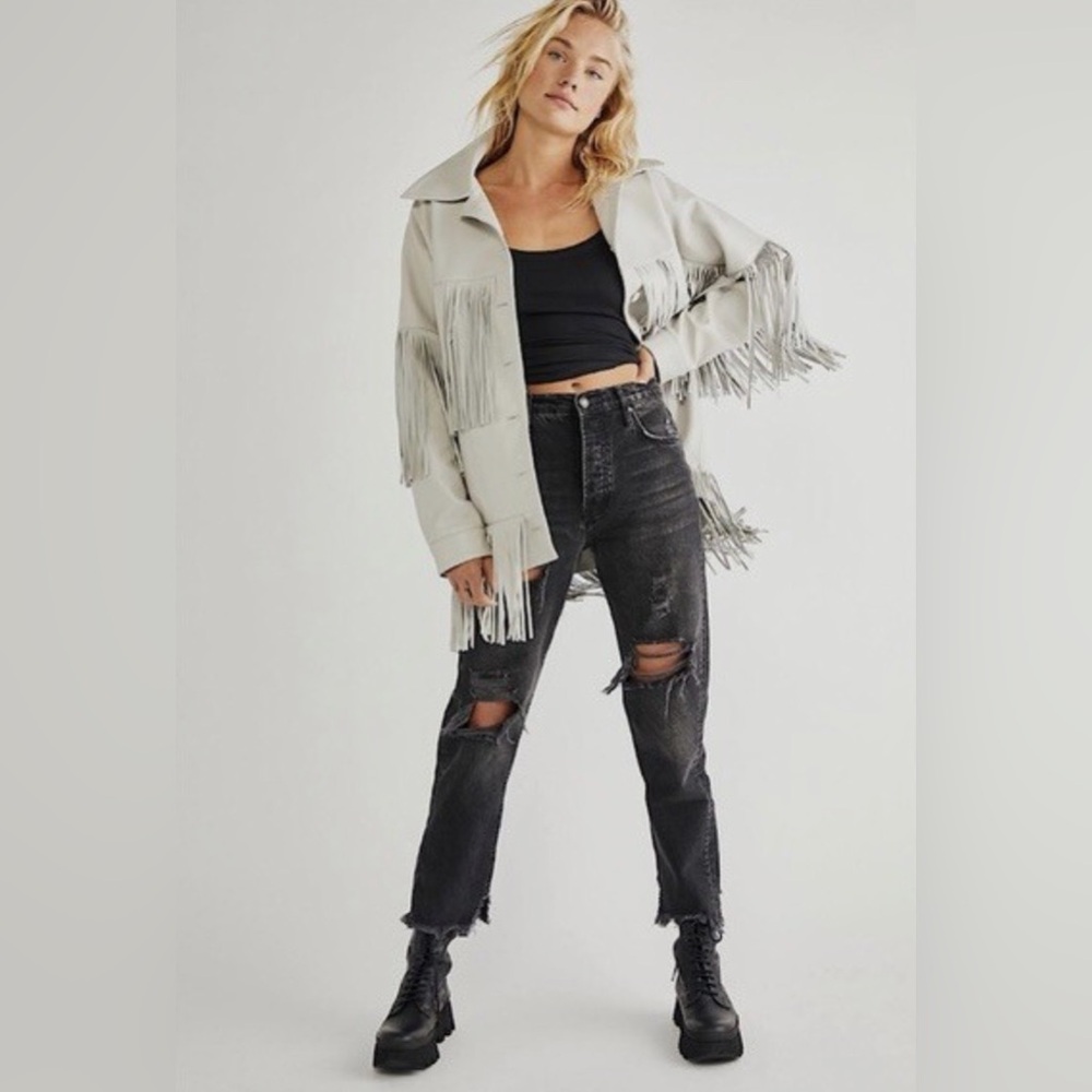 Free People Black Distressed Boyfriend Jeans